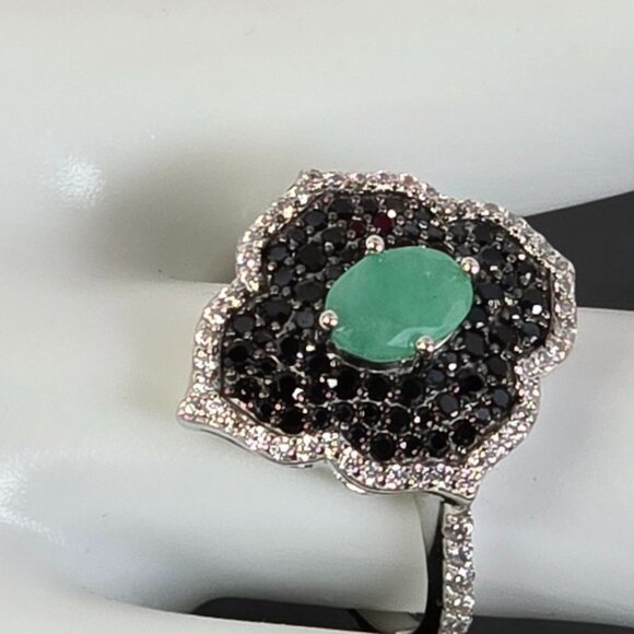 925 Sterling Silver Ring Sz 8 with Natural Emerald 5x7mm & Blk Spinel Gems - Picture 7 of 9